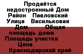 Продаётся недостроенный Дом › Район ­ Павловский › Улица ­ Васильковая › Дом ­ 16 › Общая площадь дома ­ 150 › Площадь участка ­ 100 › Цена ­ 1 600 000 - Краснодарский край Недвижимость » Дома, коттеджи, дачи продажа   . Краснодарский край